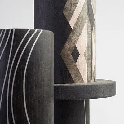 Lighting - traditional marquetry, infused with pewter by Erika Daskevica.