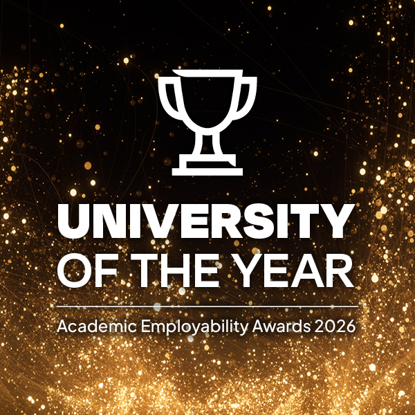 A graphic with wording university of the year and a winners cup icon