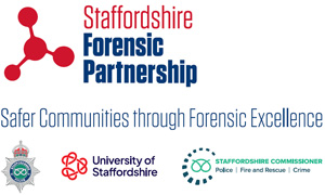 Staffordshire Forensic Partnership logo on a white background showing the police, University of Staffordshire and Staffordshire Commissioner branding
