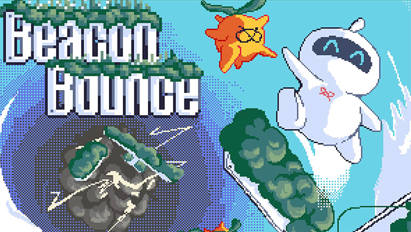 The words Beacon Bounce and 8-bit computer game style white robot jumping in the air