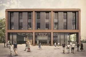 Architectural rendering of a modern two-storey brick and glass building with people outside.