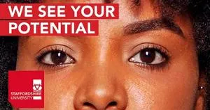 Close-up of a woman's eyes beneath the words 'WE SEE YOUR POTENTIAL' and a university logo.
