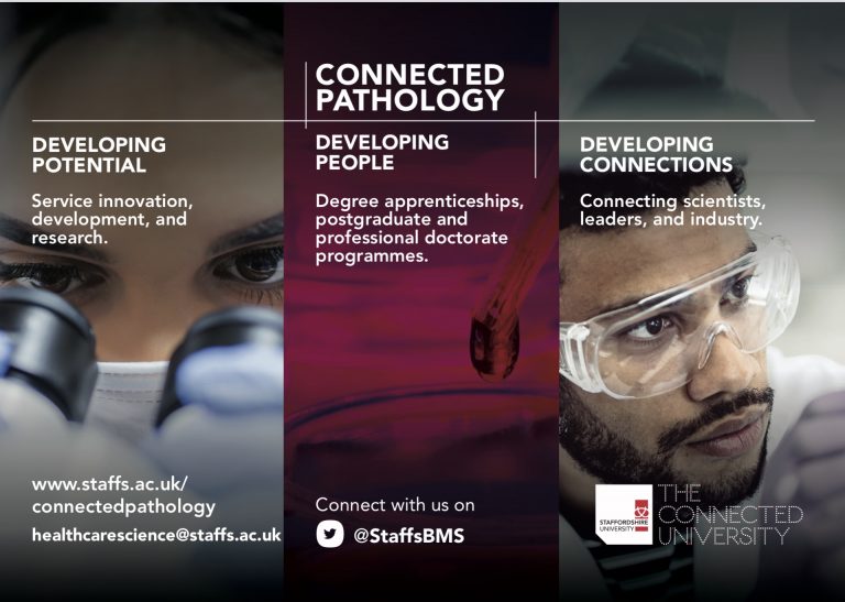 Three-panel Connected Pathology graphic about potential, people and connections.