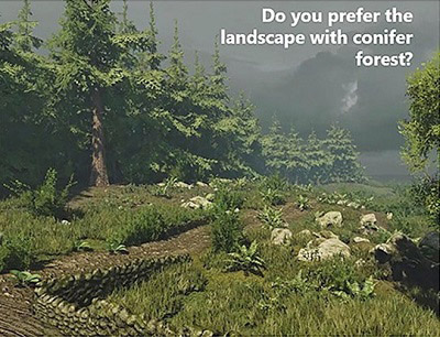 Virtual conifer forest landscape with the question 'Do you prefer the landscape with conifer forest?'