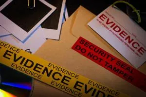 Envelopes and document labelled as evidence