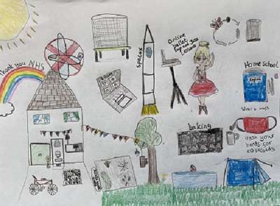 Child's drawing filled with pandemic-era scenes including masks, rainbows, home school and a hospital.