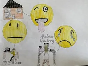 Children's drawing showing emojis and images of being isolated in the home