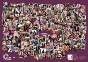 Heart-shaped collage made from hundreds of student portraits with a small 'Thank You' label.