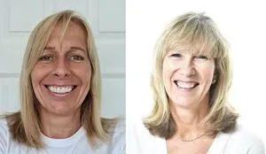 Side-by-side headshots of two smiling blonde women against pale backgrounds.