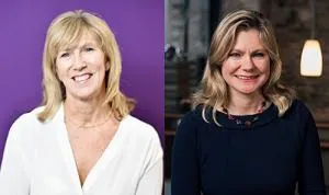 Side-by-side portraits of two smiling women against purple and dark backgrounds.