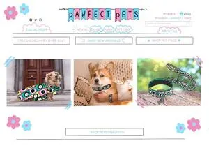 Pawfect Pets website mock-up displaying patterned collars on dogs and cats.