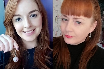 Side-by-side close-up selfies of two red-haired women.