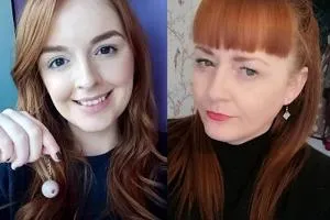 Side-by-side close-up selfies of two red-haired women.