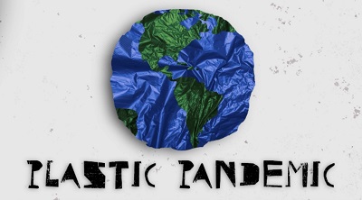 Crumpled blue and green globe above the bold words 'PLASTIC PANDEMIC.'