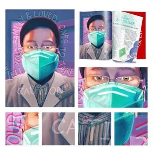 Illustrated collage of a masked doctor with close-ups of eyes, mask and medical clothing.