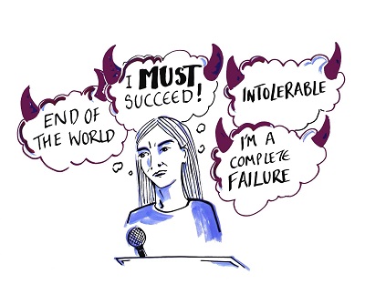 Illustration of a woman at a laptop with thought bubbles reading 'I must succeed' and 'I'm a complete failure.'