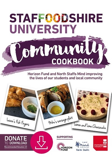 Community Cookbook cover with food photographs, charity logos and a prominent donate symbol.