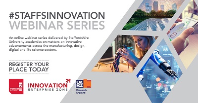 #StaffsInnovation Webinar Series banner with manufacturing and digital technology images.