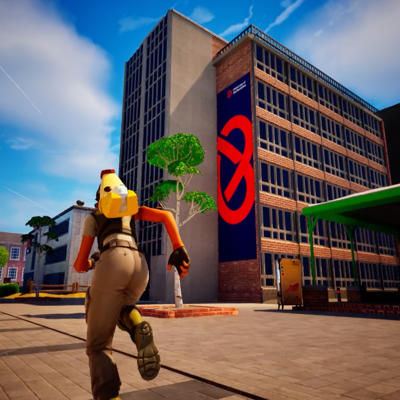 A game character running through Fortnite