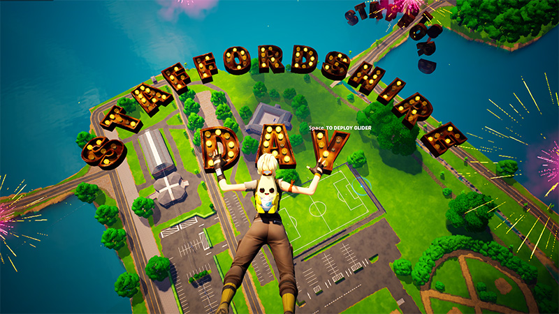 A Fornite character parachuting into the StaffsVerse above the words 'Staffordshire Day'