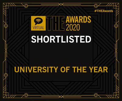 Black and gold THE Awards 2020 graphic reading 'Shortlisted: University of the Year.'