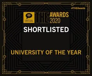 Black and gold THE Awards 2020 graphic reading 'Shortlisted: University of the Year.'