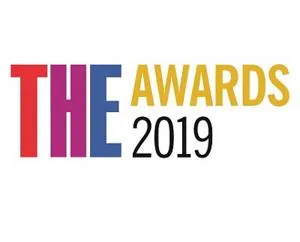 Times Higher Education Awards 2019 logo in magenta, blue and gold lettering.