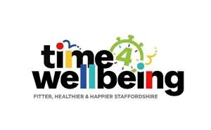 Colourful 'time 4 wellbeing' logo with the words 'Fitter, Healthier & Happier Staffordshire.'
