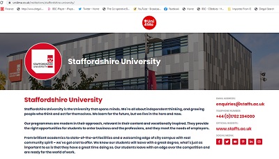 Screenshot of a Uni4Me profile page for Staffordshire University with campus image and contact details.