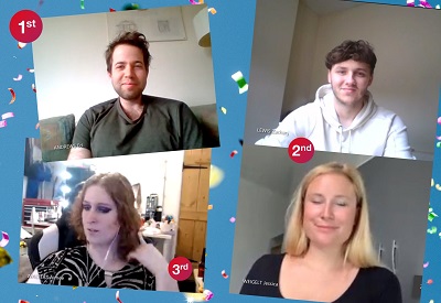 Four-person video-call collage marked with first-, second- and third-place labels.