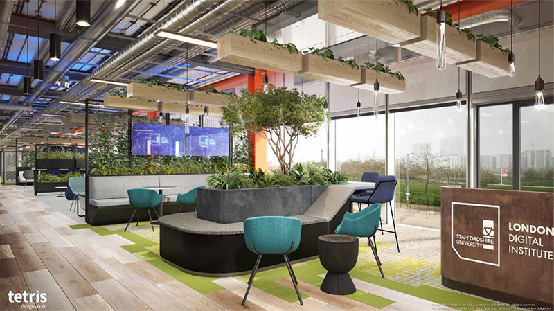 Digital Loft Reception with seating, reception desk, and indoor planting