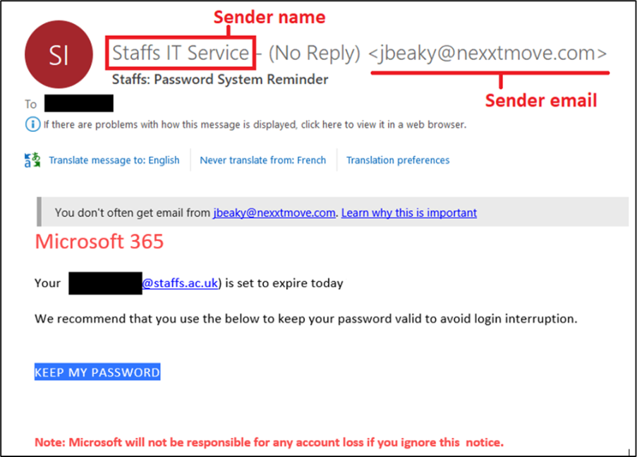 A phishing email pretending to be from the university&rsquo;s IT team, displaying a misleading sender name, an incorrect email address, and urgent language stating the account is set to expire today.
